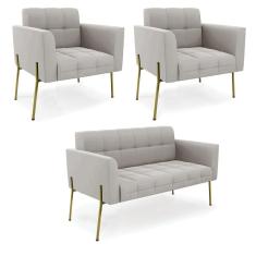 Sofá Namoradeira E 2 Poltronas Pé De Ferro Dourado Elisa Veludo Cinza D03 - D'rossi