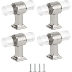 Maçanetas de porta, puxadores de armário, 4 peças de puxadores de gaveta Puxadores de gaveta de liga de zinco dourado - Botão T de furo único Puxadores de acrílico transparente para cozinha