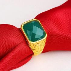 Anel Masculino Dourado Pedra Verde Banhado Ajustável - PJK STORE