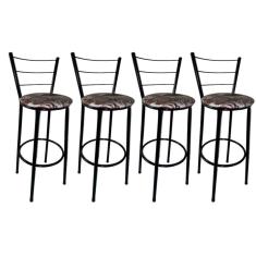 Kit 4 Banquetas Altas Preta com Encosto Assento Floral Marrom
