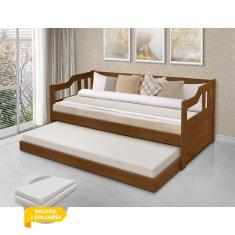 Sofá Cama Solteiro Com Cama Auxiliar Madeira Maciça + 2 Colchões Atraente - Castanho - Cor: Marrom