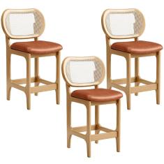 Kit 3 Banquetas Baixa Betta L02 Assento Courino Estrutura Madeira Encosto Telado 65 cm Marrom