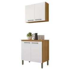 Armário De Cozinha Completa e Lavanderia Com Balcão Ametista Kit’s Paraná 4 Portas 0,80m Madeirado/Branco