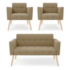 Kit 1 Sofá Namoradeira e 2 Poltronas Elisa Suede Marrom Rato Pés Palito Castanho D03 - D'Rossi