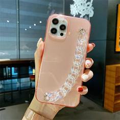 Pulseira de pulso cristal transparente de luxo com corrente para iPhone 11 13 14 Pro XR Xs Max 12mini SE2 6 7 8 Plus Capa de silicone macio, rosa, para iPhone 13 Pro