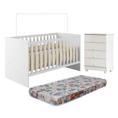 Quarto de Bebê com Berço com Colchão Suporte Life e Cômoda de Bebê 100% Mdf 4 Gavetas Soft Life Branco