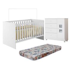 Quarto de Bebê com Berço com Colchão Suporte Life 100% Mdf e Cômoda 100% Mdf 1 Porta 4 Gavetas Life Branco