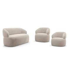 Kit 02 Poltronas Giratória e 01 Sofá Orgânico Glee 03 Lugares 170cm Veludo Bege - Desk Design