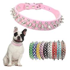 Coleira de cachorro com pontas rosa, cogumelo rebite spike coleiras para filhotes de cachorro meninas meninos coleira cravejada de couro para gatos fivela de metal ajustável treinamento durável para