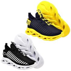 Kit 2 Tênis Esportivo Sola Trançada Masculino Treinos Leve e Confortável Ptobco e Amarelo-Masculino