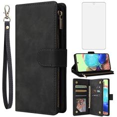 Asuwish Capa tipo carteira compatível com Samsung Galaxy A71 4G, protetor de tela de vidro temperado, capa flip e porta-cartões, acessórios de celular, capas para celular para Glaxay A 71 Gaxaly 71A