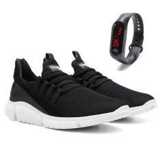 Kit Tênis Venetto Caminhada Leve Conforto + Relógio Digital, 37, Preto
