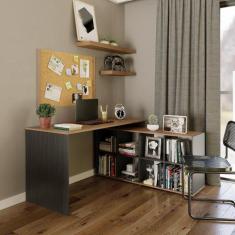 Mesa de Escritório em L com 8 Nichos - Preto/Montana - DRD Móveis, Pre