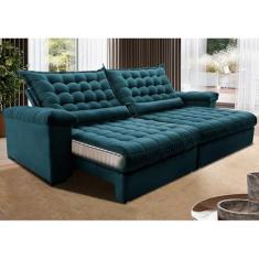 Sofá Retrátil e Reclinável 2,35m Molas Ensacadas Cama Inbox Big Space com Bordado 3d Velusoft Petróleo