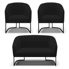 Sofá Namoradeira E 2 Poltronas Base Industrial Preto Stella Linho Preto A79 D03 - D'rossi