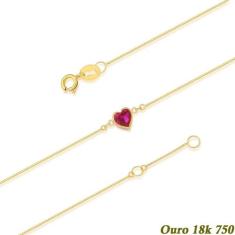 Pulseira Adulto Ouro 18K 0,750 Coração De Zircônia 5mm - 20cm Vermelho