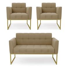 Kit 1 Sofá Namoradeira E 2 Poltronas Elisa Suede Marrom Rato Base Metálica Industrial Dourada