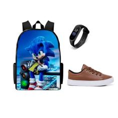 Conjunto Masculino Bolsa Escolar Sonic Mais tenis Juvenil E Relogio Di
