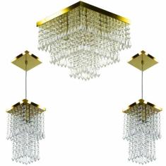 Kit 1 Lustre Cristal Acr. Sweet + 2 Pendentes Spark Dourado - MARRYLUZ