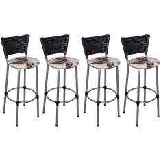 Kit 4 Banquetas Altas Prata com Encosto Junco Preto Assento Floral Marrom