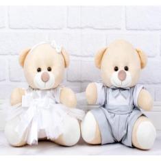 CONJUNTO DE PELUCIA URSO PAJEM CINZA DAMINHA BRANCA PADRÃO- 22cm - CKD