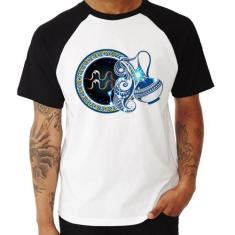 Camiseta Raglan Signo Aquário Astrologia - Foca na Moda, Branco, Preto
