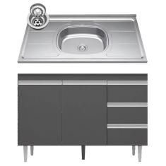 Balcão De Cozinha Com Pia Inox 100cm 3 Gavetas Andréia Cinza - Ajl Móveis