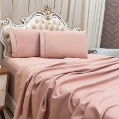 Jogo De Cama Lençol Casal Realce Percal 400 Fios 4 Peças - Rosê