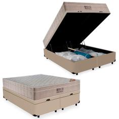 Cama Box Baú Queen Suede Bipartido + Colchão Ortobom Airtech Molas Ensacadas 158x198x65 Bege