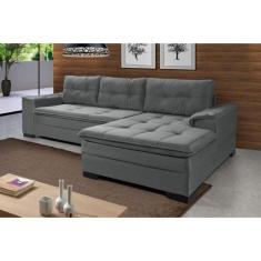 Sofá de Canto 3 Lugares com Chaise Suede Cinza Aveludado - Império Est