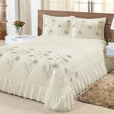 Kit Cobre Leito Casal Padrão Lírio 03 Peças Colcha - Palha - Bordados 