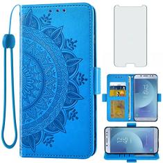Asuwish Capa de telefone para Samsung Galaxy J7 Pro J730G capa carteira protetora de tela de vidro temperado suporte de cartão de crédito bolsa flip alça de pulso suporte acessórios de celular J7pro J