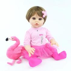 boneca bebe reborn menina  silicone com urso de pelucia  - bzdoll, 48c