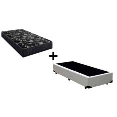 Cama Box Solteiro 88 Tecido Sintético Branco com Colchão Lisboa Espuma D28 Preto