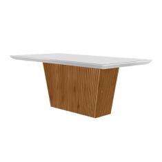 Mesa De Sala Jantar Luna C- Tampo 180x90cm Madeirado Vidro Canto Curvo - Imbuia-ripado 3d-off White - Rufato