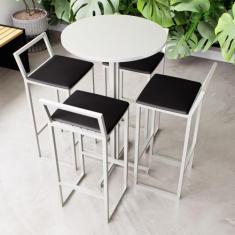 Conjunto Mesa Alta Bar Bistrô Redonda Branca 4 Banquetas Confort Estof