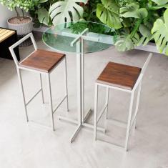 Conjunto Mesa Alta Bar Bistrô Redonda Vidro 2 Banquetas Confort Imbuia