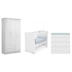 Quarto Infantil Guarda Roupa 3 Portas Doce Sonho, Berço e Cômoda Trocador Branco – Qmovi