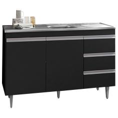 Balcão Gabinete com Pia Inox 120cm 2 Portas 3 Gavetas Andréia Preto Total - AJL Móveis