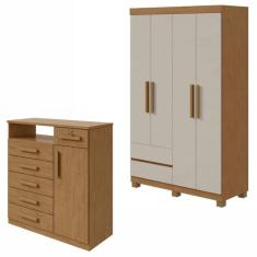 Conjunto de Guarda-Roupa 4 Portas 2 Gavetas Zeus com Pés e Cômoda 1 Porta 6 Gavetas 1 Nicho Da Vinci Amêndoa Clean/Off White