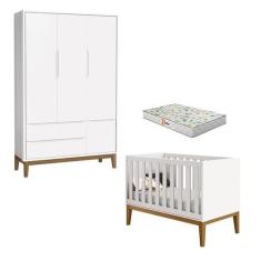 Berço Americano e Guarda Roupa 3 Portas New Classic Branco com Pés Mad