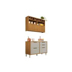 Kit de Cozinha Completa Imperatriz 2 Portas 4 Gavetas MDF 120cm Branco Freijo Off White com Balcão e Aéreo