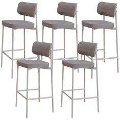 Kit 05 Banquetas Alta Bar Cozinha Sala De Jantar Aço Branco Kaira C01 Linho Cinza - Lyam Decor