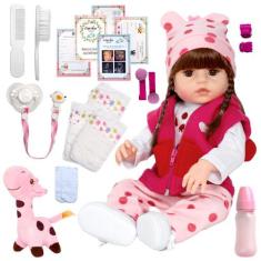 Bebe Boneca Reborn Cabelo Castanho Girafa 22 Itens com Bolsa - Cegonha
