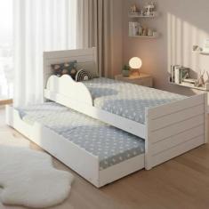 Bicama Infantil com Cama Auxiliar e Proteção Lateral 100 MDF Nuvem - F