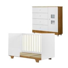 Quarto de Bebê com Berço Mini Cama 100% Mdf Flocos e Cômoda de Bebê 100% Mdf 1 Porta 4 Gavetas Life Branco/madeirado Ypê