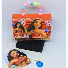 Kit Bolsa Infantil Mini Bag Bolsinha Princesa Moana o Filme Alça Pérola Corrente Transversal + Colar Tendência Mods 2024