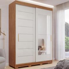 Guarda Roupa Solteiro com Espelho e Pés 2 Portas de Correr 3 Gavetas L