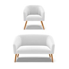 Kit 1 Sofá Namoradeira E 1 Poltrona Stella Bouclê Pés Palito Castanho - D`rossi Cor Off White