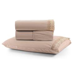 Jogo De Lençol Rubi Solteiro 3 Pçs 100% Algodão 200 Fios Ponto Palito Bordado - Avelã